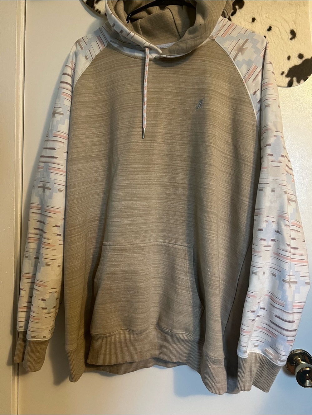 Hooey Taupe Crewneck Sweatshirt with Patterned White Sleeves